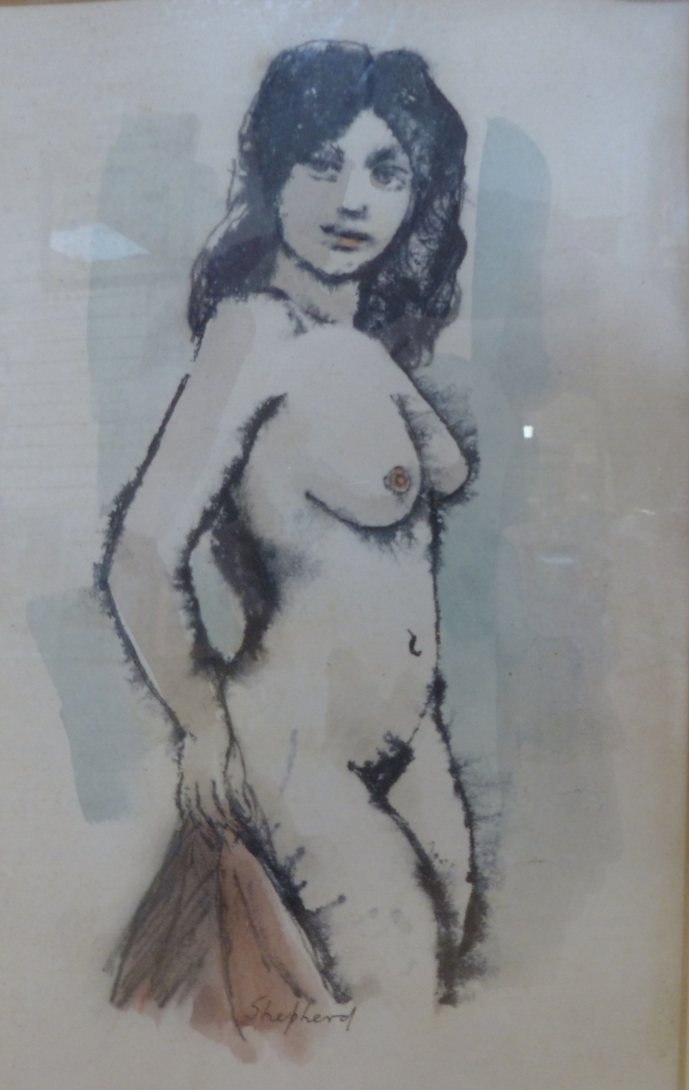 Sydney Horne Shepherd (1909-1993), charcoal and watercolour, Female nude, signed, 23 x 15cm